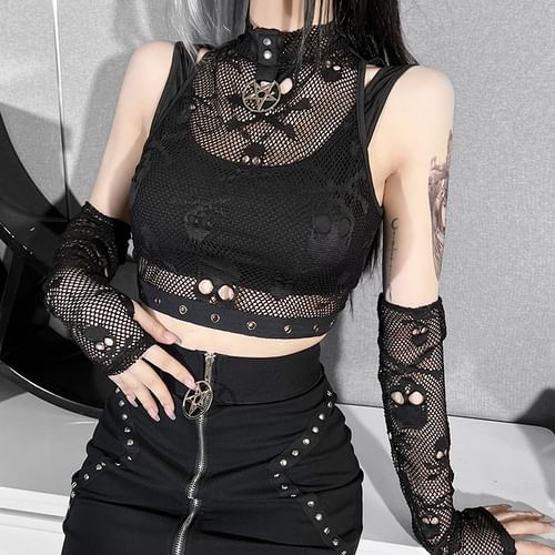 Set: Sleeveless Stand Collar Skull Patterned Grommet Mock Two Piece Mesh  Crop Top + Arm Sleeves