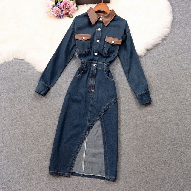 Wave of Dreams - Long-Sleeve Denim Midi Sheath Dress | YesStyle