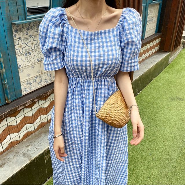 princess polly baby blue dress Smocked Gingham Square Neck Puff Sleeve Plaid Slit Midi Dress, Purple / L