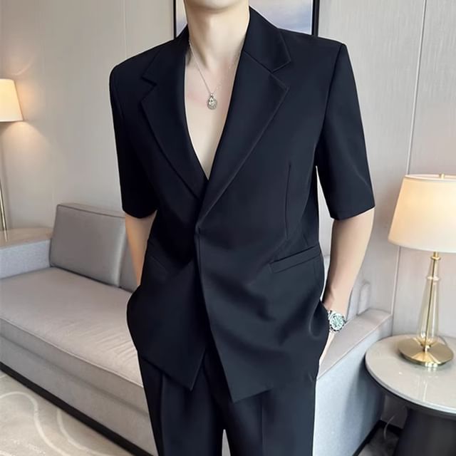Savenne-Elbow-Sleeve Notch Lapel Plain Blazer