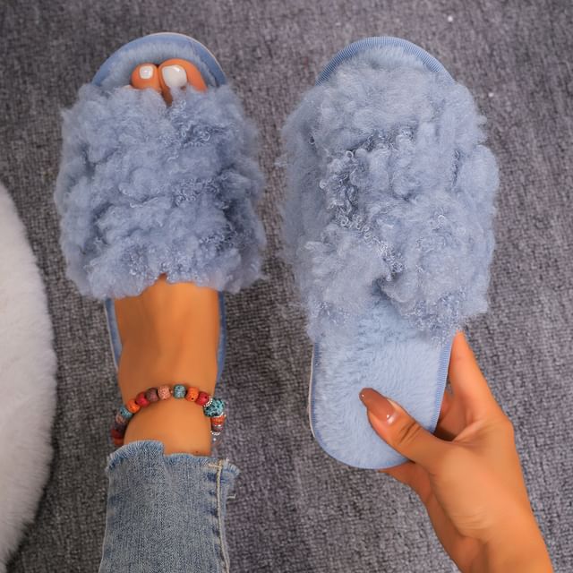 Asterisk-Plain Fluffy Flat Slide Sandals
