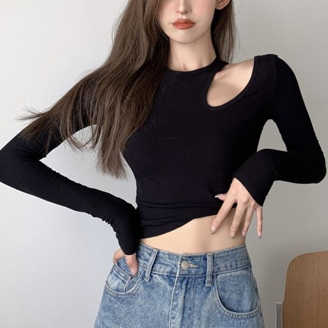Yako-Long-Sleeve Cutout Plain Cropped Top