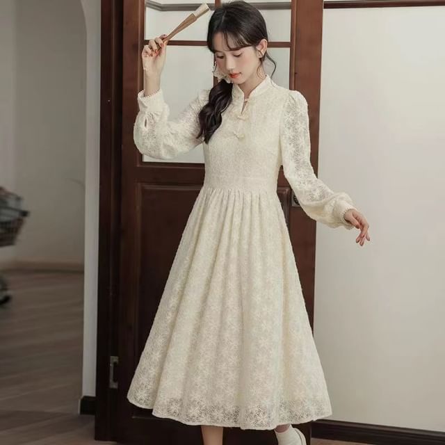 chinese dress ladies Kalia Long Sleeve Lace Midi Dress Cream– Selfie Leslie main image 0