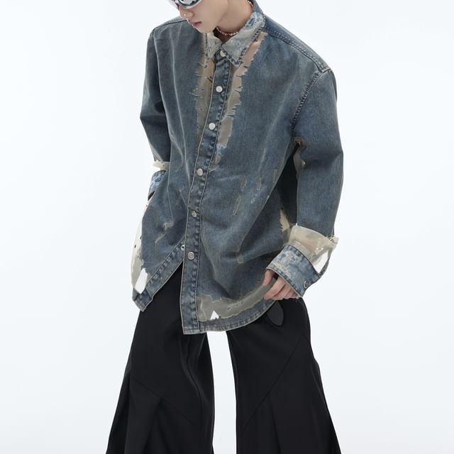 kooklay-Collared Washed Denim Shirt Jacket