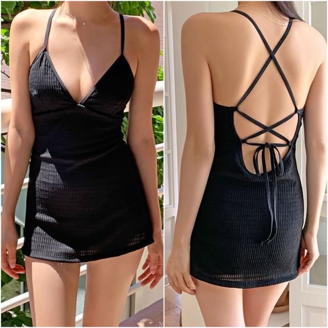 Maisee-Spaghetti Strap V-Neck Plain Open Back Swim Dress