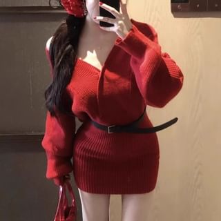 Trendycas-Long Sleeve V-Neck Plain Ribbed Mini Sheath Wrap Sweater Dress
