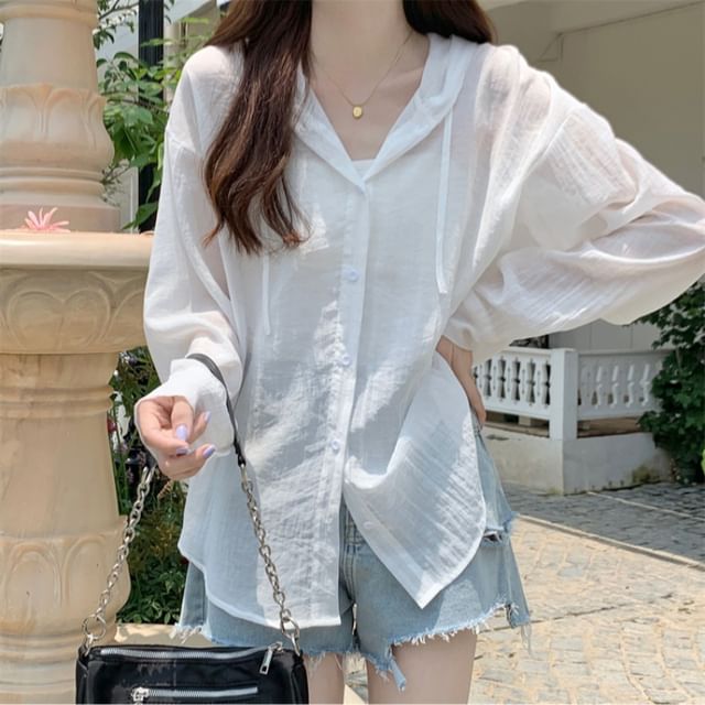 Cossita-Long Sleeve Plain Hood Button Shirt