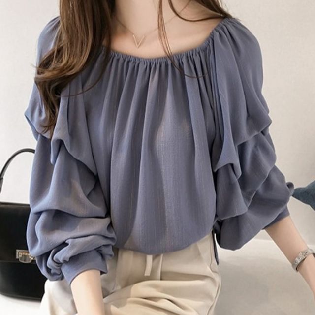 Vanmeo - Balloon-Sleeve Chiffon Blouse 