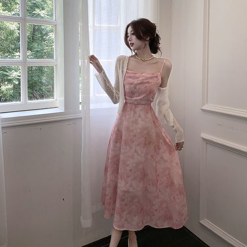 yesstyle pink dress halter neck dress long sleeve Flare Long Sleeve Halter Neck Lace Up Slit Maxi Dress, Pink / XS