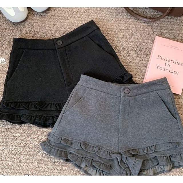 Trendycas-Mid Rise Plain Ruffle Hot Pants