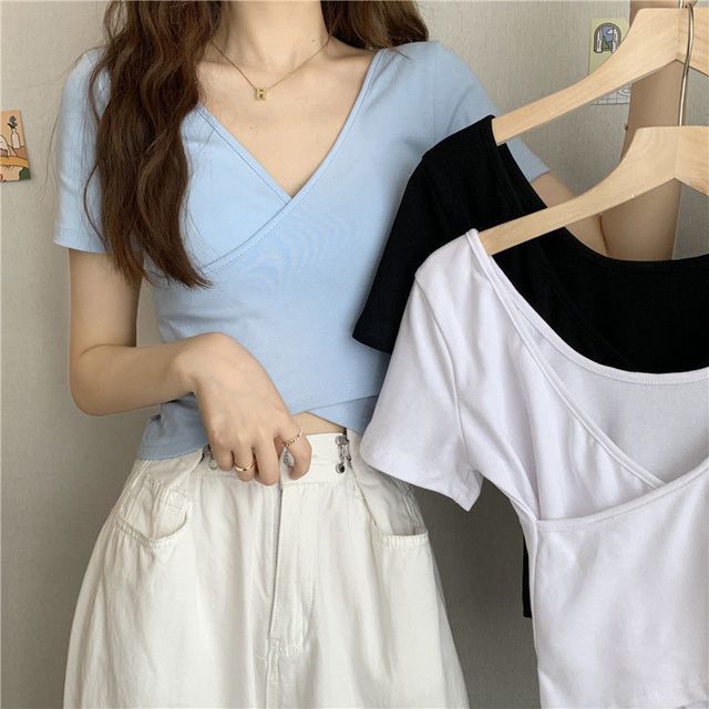 Hevnir-Short-Sleeve V-Neck Plain Wrap Crop T-Shirt