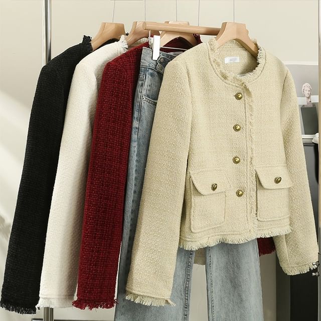 Lemongrass-Frayed Crew-Neck Tweed Jacket