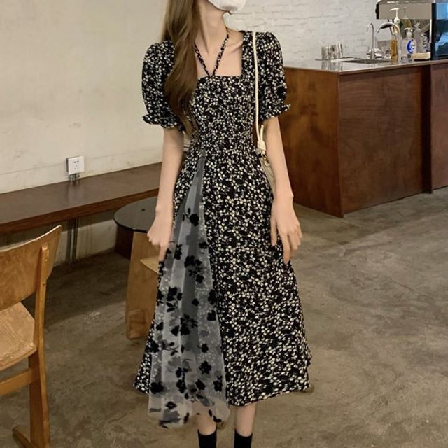 Roah - Puff Sleeve Square-Neck Floral Midi A-Line Dress | YesStyle