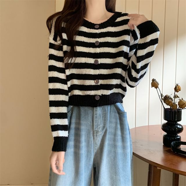 Sienne-Crewneck Striped Button-Up Cardigan