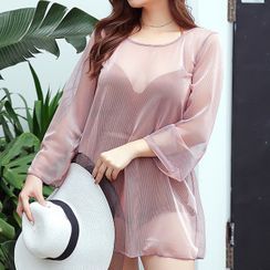 Salanghae - Set: Ruffled Bikini Top + Frilled Trim High Waist Swim Bottom + Mesh Cover-Up Salanghae - Set: Ruffled Bikini Top + Frilled Trim High Waist Swim Bottom + Mesh Cover-Up