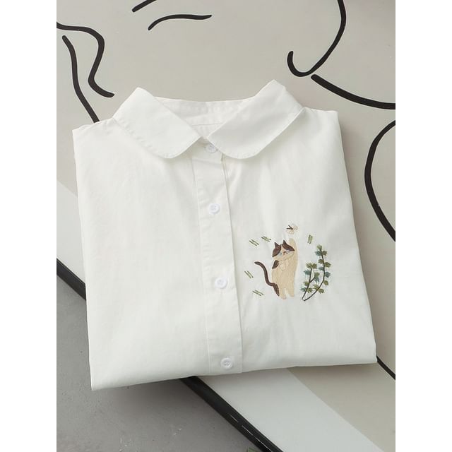 Angel Love Long-Sleeve Collared Cat Embroidered Shirt YesStyle