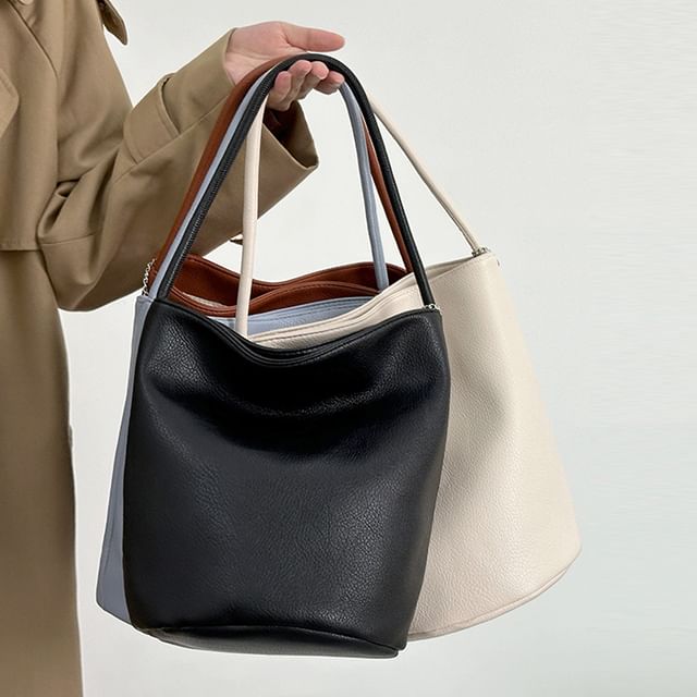 Bolso-Plain Faux Leather Bucket Bag