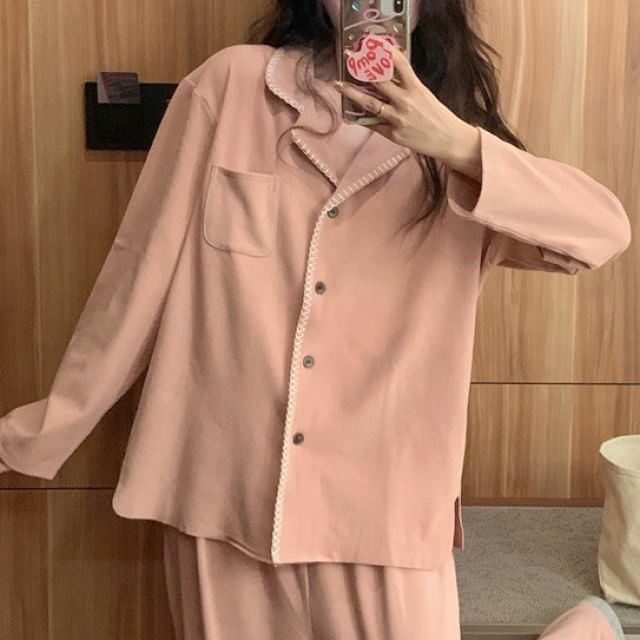 Sadelle-Pajama Set Long-Sleeve Lapel Collar Contrast Stitched Button-Up Top Pants