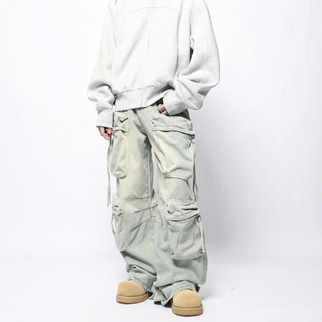 Derbundy-Mid Rise Washed Straight Leg Cargo Jeans