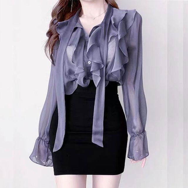 Coris-Long-Sleeve Tie-Neck Plain Ruffle Chiffon Blouse