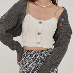 TOHADA - Long-Sleeve Plain Embroidered Applique Cardigan