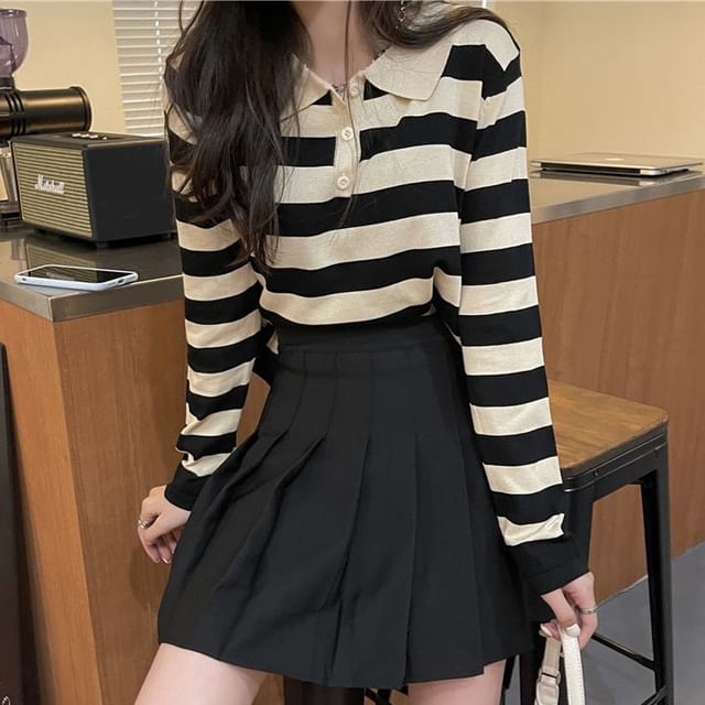 Sisyphi-Long-Sleeve Striped Polo-Neck Sweater