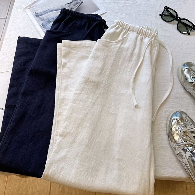 DIYI-Elastic Waist Plain Wide Leg Pants