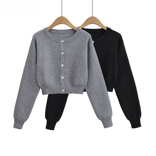 Hollahop-Crewneck Button-Up Plain Crop Cardigan