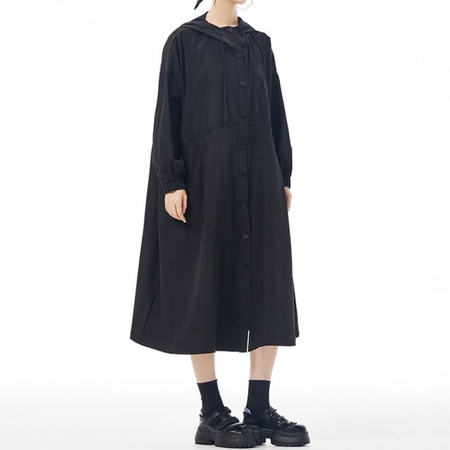 KUMI-Plain Drawstring Hooded Midi Coat