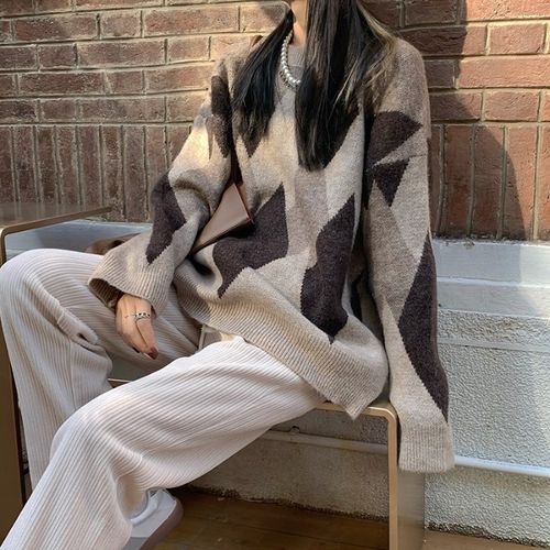 Bambu - Argyle Knit Sweater / Knit Drawstring Slit Pants | YesStyle