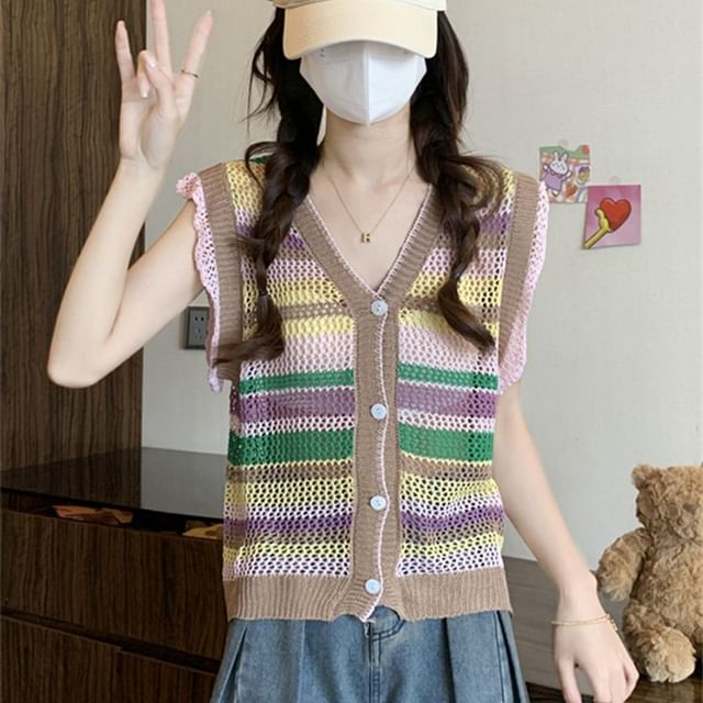 OGAWA-Striped V-Neck Button Down Knitted Vest