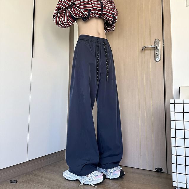 Obikan-Drawstring Waist Plain Wide Leg Pants
