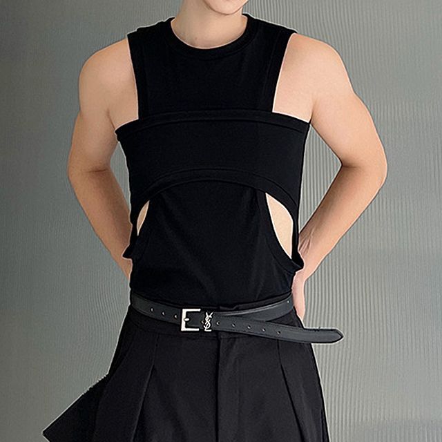 Omozando-Round Neck Plain Cutout Tank Top