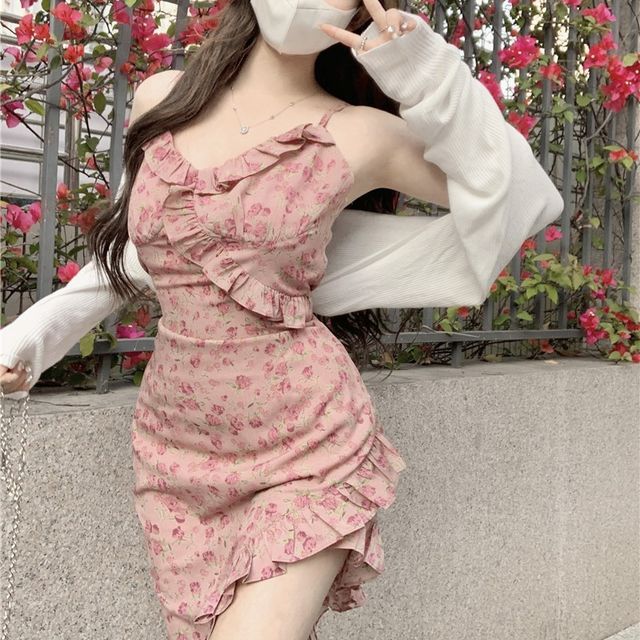 WOW!NITE - Spaghetti Strap Asymmetrical Floral Print Ruffled Mini Bodycon Dress / Plain Open Front Cardigan | YesStyle WOW!NITE - Spaghetti Strap Asymmetrical Floral Print Ruffled Mini Bodycon Dress / Plain Open Front Cardigan | YesStyle