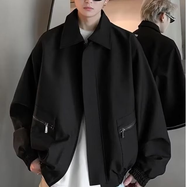 DuckleBeam-Collared Plain Zip-Up Jacket