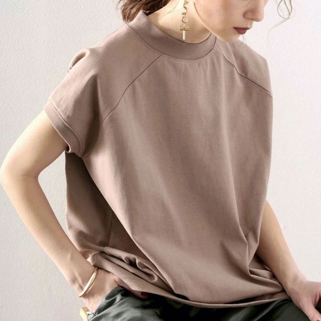 PERKARP-Cap-Sleeve Mock Neck Plain T-Shirt