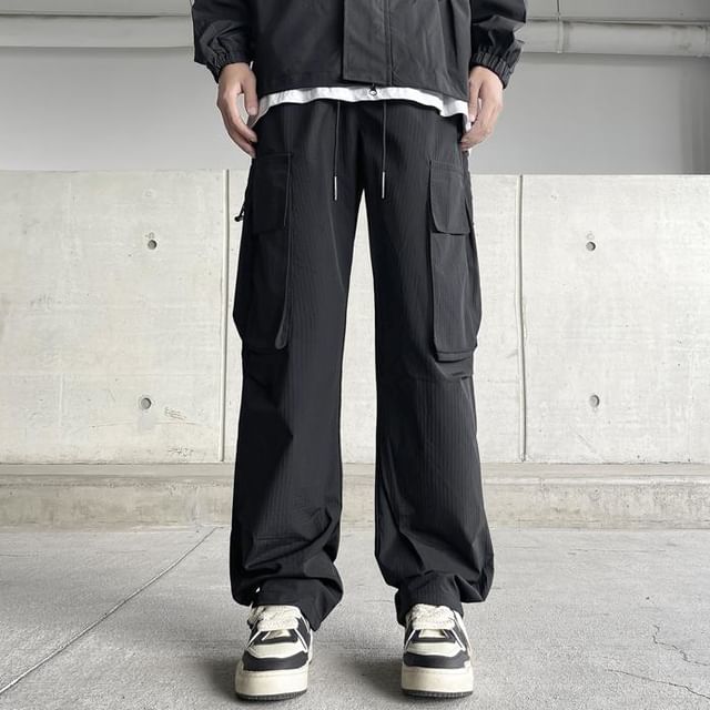 Mimiyox-Drawstring Waist Plain Straight Leg Cargo Pants