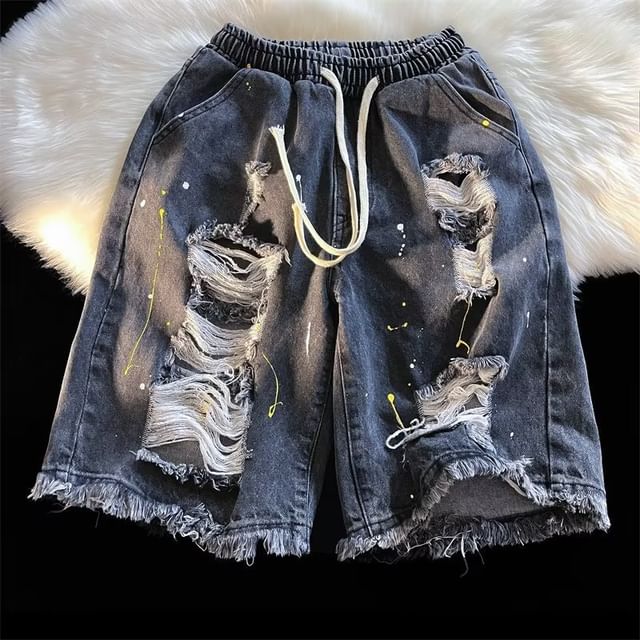 Urtishia-Drawstring Waist Splash Print Distressed Denim Shorts