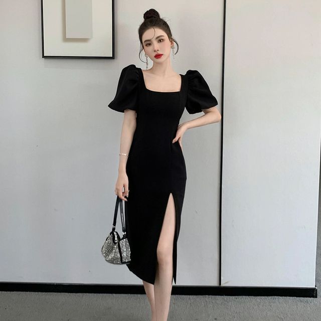 black ribbed bodycon midi dress Eryn Puff Sleeve Jacquard Mini Dress Black main image 1