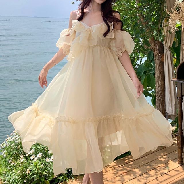 knee length dresses for ladies 1950s Lace Cold Shoulder Ruffle Dress