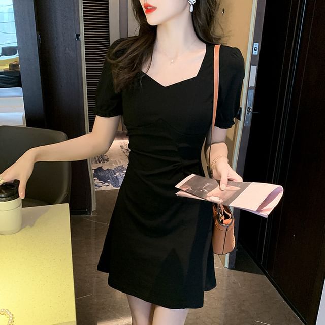 Aurora - Short-Sleeve V-Neck Plain Mini A-Line Dress | YesStyle