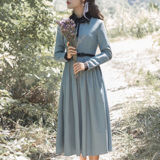 Dawnza - Long-Sleeve Collar Midi A-Line Dress | YesStyle