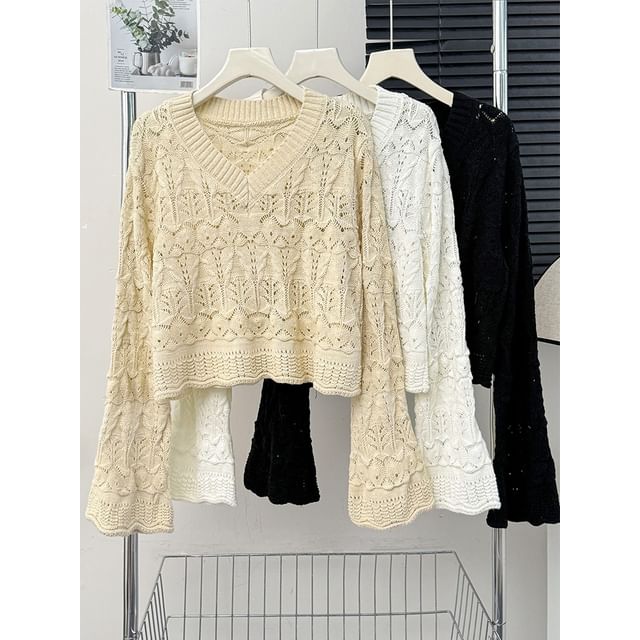 Lemongrass-Bell-Sleeve V-Neck Cropped Sweater