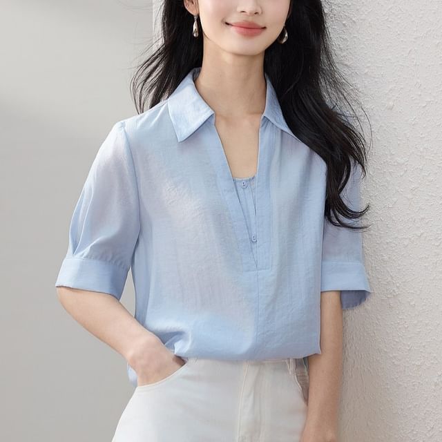 Jeonseon-Short Sleeve Collared Plain Mock Two Piece Blouse