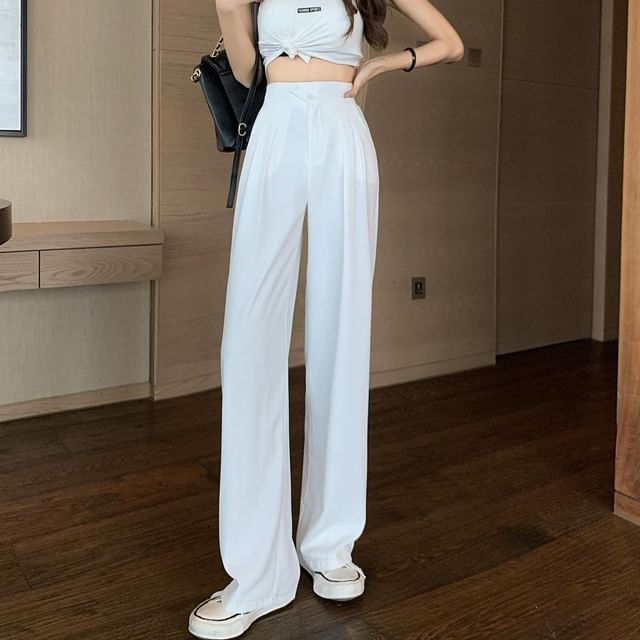 Dovitade-High Waist Plain Wide Leg Pants