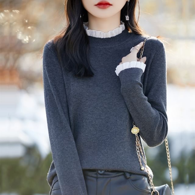 Dragan Pulse-Long-Sleeve Frill trim Plain Knit Top