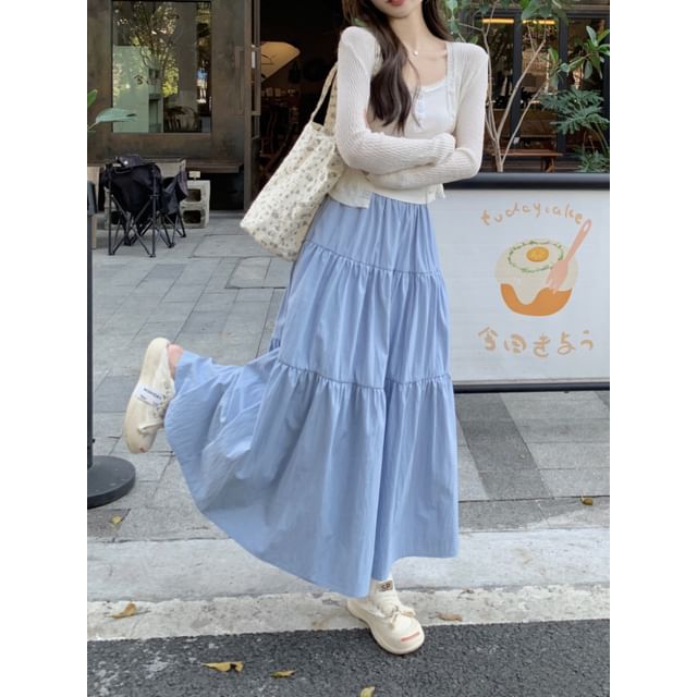 ANORA-High Waist Plain Midi A-Line Skirt