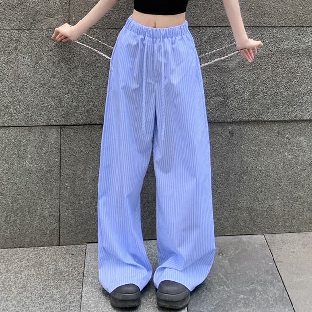 KUMI-Drawstring Waist Striped Baggy Pants