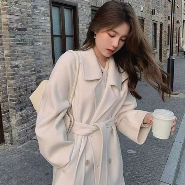 Everose-Collared Plain Midi Double Breasted Tie Front Coat