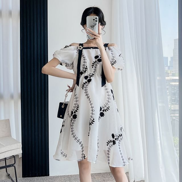 Rosy Street - Maternity Cold-Shoulder Flower Embroidered A-Line Dress |  YesStyle